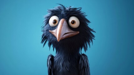 Stylized dark blue crow with big eyes looking surprised on a plain blue background, perfect for children book illustrations or fantasy concepts