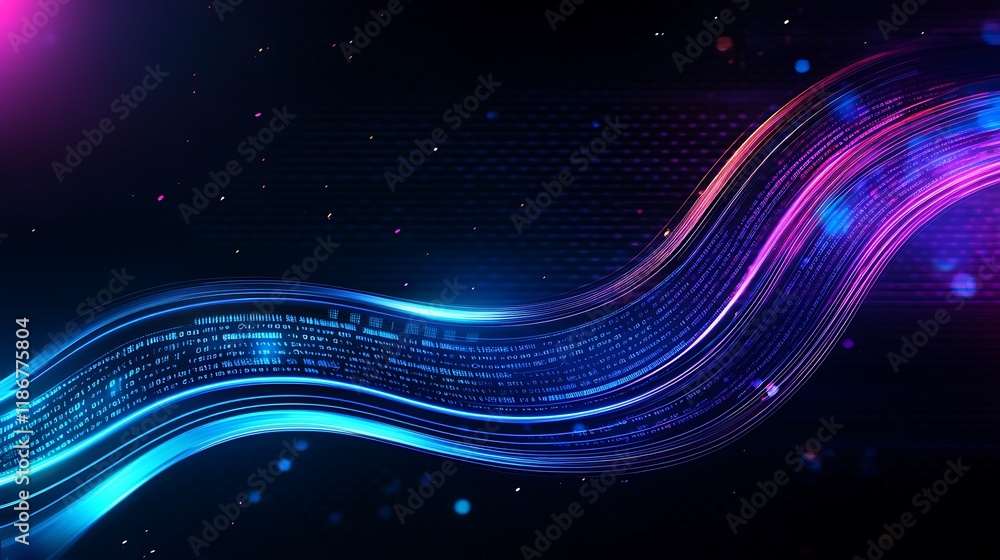 Poster futuristic data visualization with flowing waves of light and colorful elements, ideal for technolog