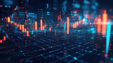 Abstract financial graph with uptrend line arrow and bar chart on blue background, bar chart, stock market