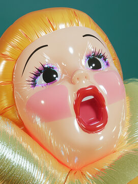 Close up of colorful inflatable doll with bright features and exaggerated expressions, showcasing vibrant colors and glossy textures that evoke playful atmosphere