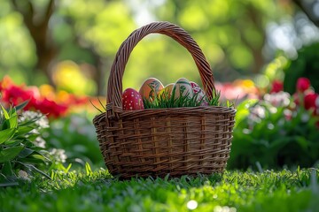 A charming Easter basket filled with decorated eggs sits on lush grass, surrounded by colorful flowers, embodying the joy of Easter celebrations.