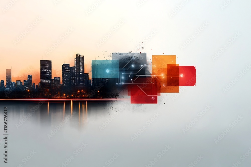 Poster vibrant and dynamic abstract cityscape featuring a futuristic illuminated metropolis at night with k