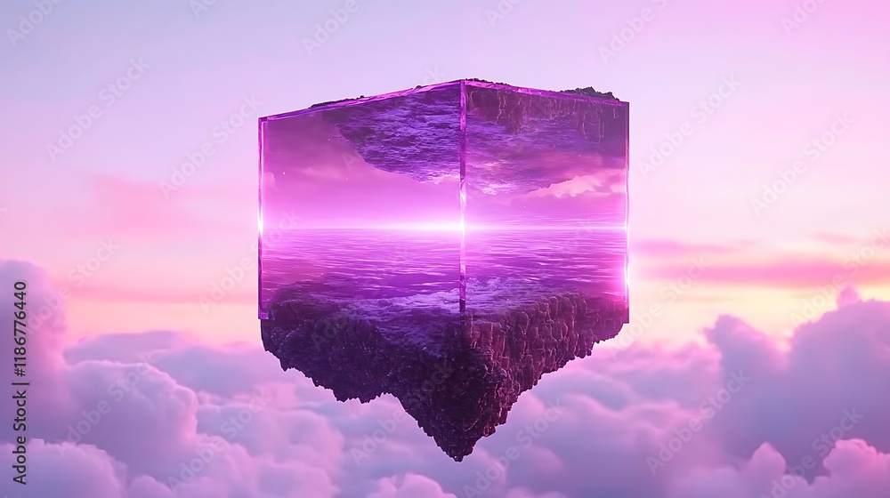 Aufkleber surreal composition of floating geometric shapes in a dreamlike sky with soft clouds and vibrant col