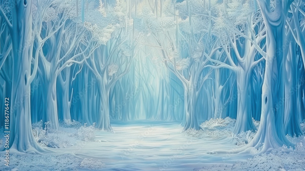 Poster enchanting winter forest path with light.