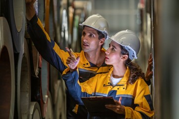 Factory apprenticeship. Man mentor teaching Female employees trainee operating machine looking...