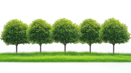 Obraz premium Five trees in grassy field against white background.