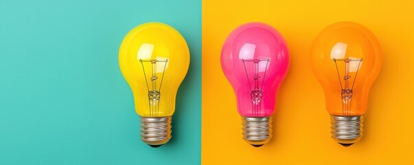 Brightly colored light bulbs in yellow, pink, and orange against teal and orange backgrounds, symbolizing creativity and innovation.