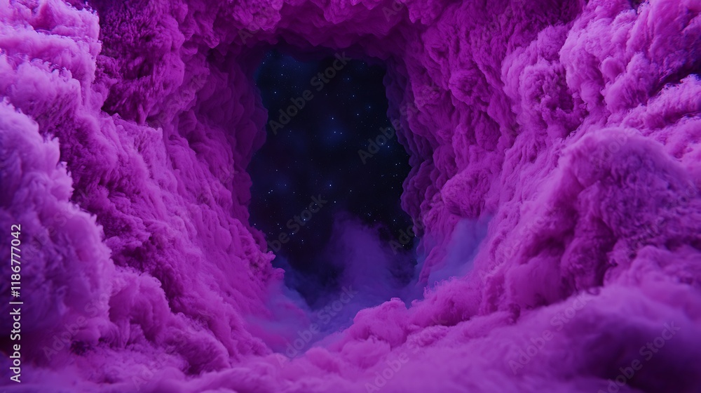 Poster surreal visualization of a swirling vortex with ethereal purple clouds and cosmic elements in a drea