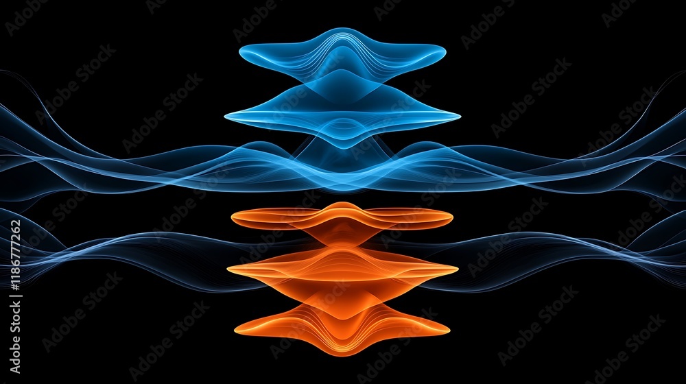 Poster swirling patterns of light creating a holographic effect with bright blue and orange waves on a blac