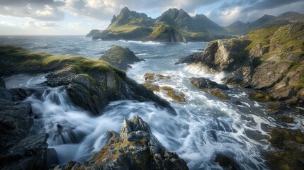 Fototapeta premium Dramatic coastal landscape with crashing waves, lush green hills, and rocky shoreline under a cloudy sky.