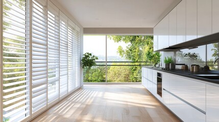 Fototapeta premium Modern kitchen with large windows, shutters, and hardwood floors overlooking a lush green landscape.