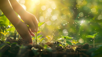 Fototapeta premium A small hands Tending Lush Garden Blooming into Vibrant Ecosystem of Sustainability Life.