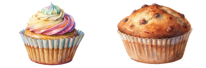 Colorful cupcake design, delicious muffin illustration, watercolor style, bakery art, dessert decoration, food photography.