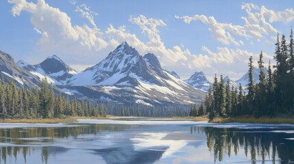 Naklejka premium Captivating Reflection of Snow-Kissed Summits in Mountain Lake Nature Scene Serene Landscape Tranquil View Majestic Beauty