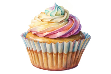 Colorful cupcake, whimsical design, watercolor illustration, sweet treat, dessert art, bakery style, vibrant frosting.
