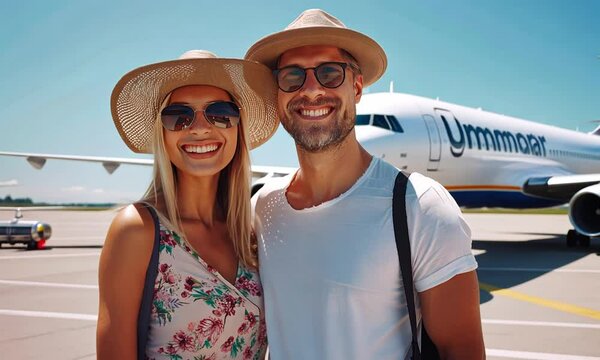 Happy couple taking a selfie at the airport before traveling