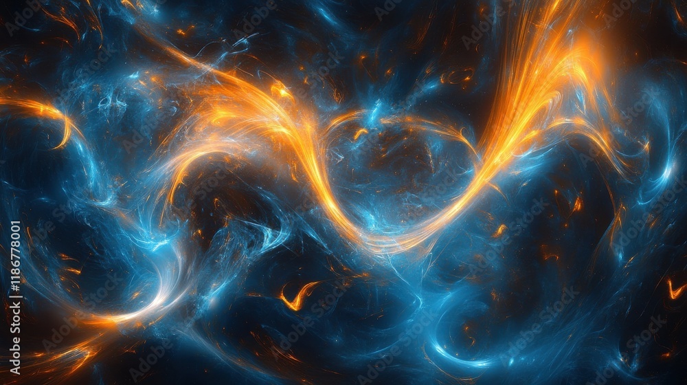 Poster abstract background featuring dynamic blue and orange light streaks, creating sense of motion and en