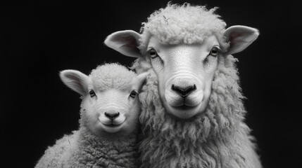 Obraz premium Texel ewe and lamb standing close together, gazing directly, studio-lit against dark backdrop