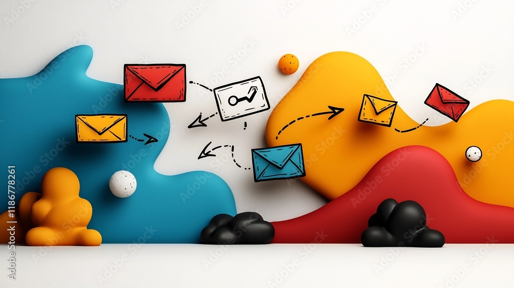 Poster interconnected digital community with hand drawn user interface elements including arrows and mail s