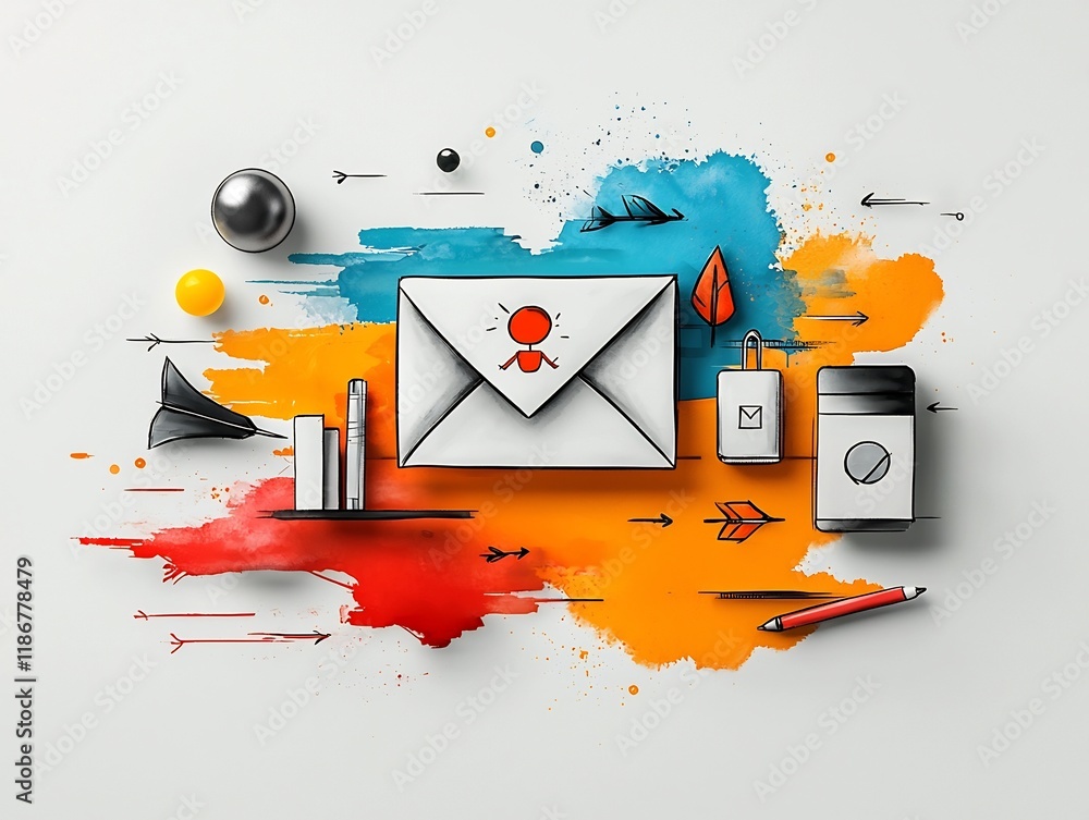 Poster interconnected digital community with hand drawn user arrows and mail sign elements playful and imag