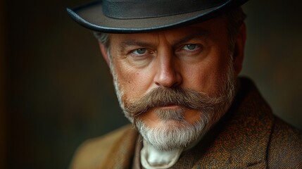 Victorian gentleman posing in bowler hat, tweed jacket, expressing stoic demeanor, embodying classic period fashion elegance