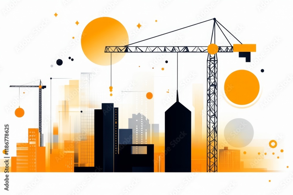 Poster A minimalist line drawing of a construction site, featuring a crane and a half-built structure under a simple sun