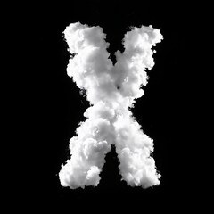 The letter X made of puffy white clouds against a black background, has a soft, airy look, resembling real clouds. The bold contrast creates a whimsical, sky-inspired typography design.