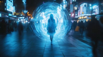 Obraz premium Woman in glowing portal, city street at night.