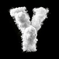 The letter Y made of puffy white clouds against a black background, has a soft, airy look, resembling real clouds. The bold contrast creates a whimsical, sky-inspired typography design.