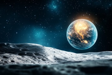 A moonlit space scene with a lunar surface in the foreground and a glowing Earth in the distance