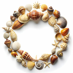 A variety of seashells arranged in a gentle arc on a soft,