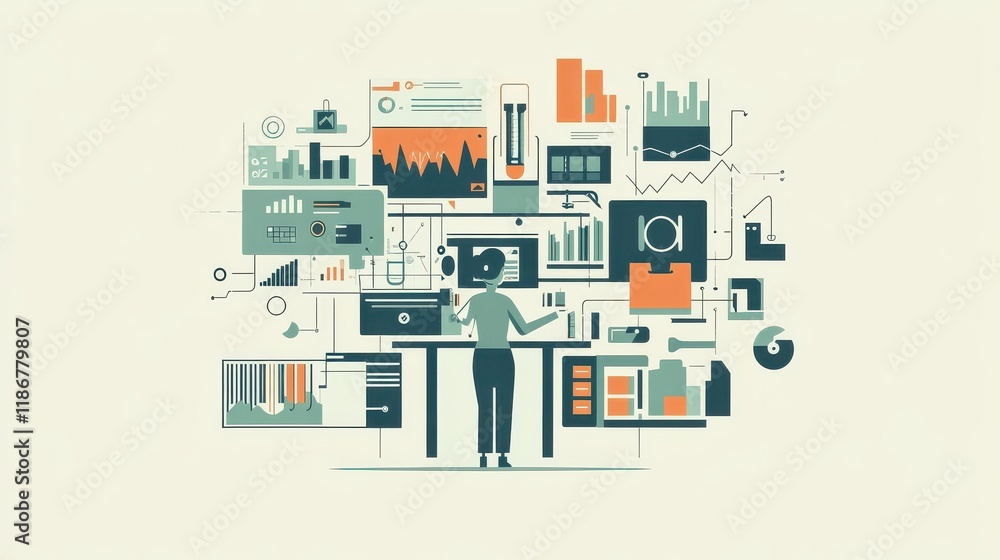 Poster an illustration in 2d flat style featuring a character using digital tools to plan and manage their 