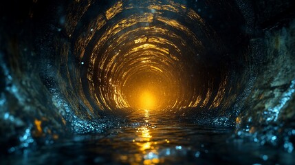 Dark Watery Tunnel Leading to a Glowing Light