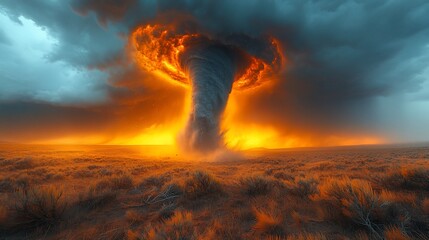 Obraz premium Fiery Tornado Descends Upon a Desolate Landscape