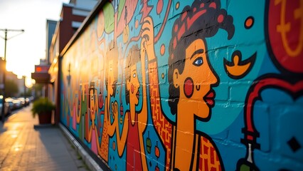 A vibrant street mural showcasing cultural symbols and stories.