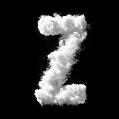 The letter Z made of puffy white clouds against a black background, has a soft, airy look, resembling real clouds. The bold contrast creates a whimsical, sky-inspired typography design.
