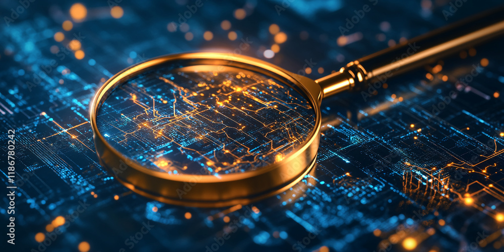 Aufkleber magnifying glass highlighting a digital network circuit with glowing elements