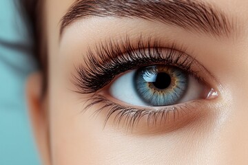 Obraz premium Captivating Gaze: Close-up of a mesmerizing blue eye with long, luscious eyelashes, the perfect image for beauty, cosmetics, and vision-related projects.