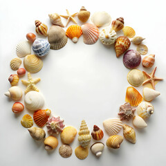 A variety of seashells arranged in a gentle arc on a soft,