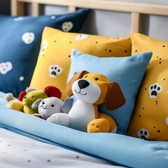 Playful dogs and plush toys on cozy bedding children's room photography bright and cheerful atmosphere close-up view fun concept