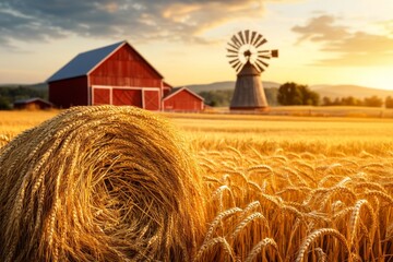 A picturesque farm in the Midwest, with red barns, rolling fields of wheat, and a classic windmill turning in the breeze