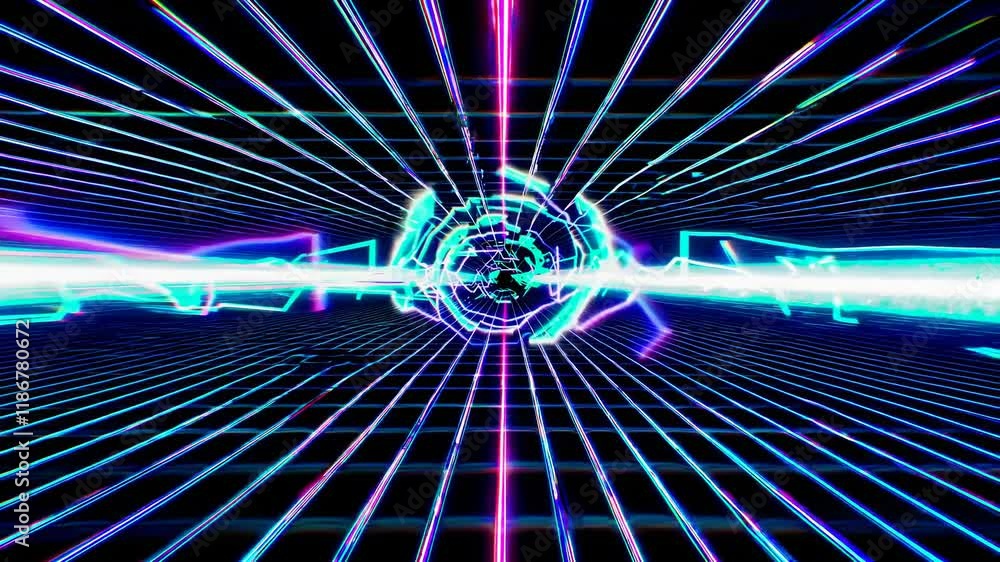 Poster dynamic light patterns create mesmerizing visuals in a neon grid environment