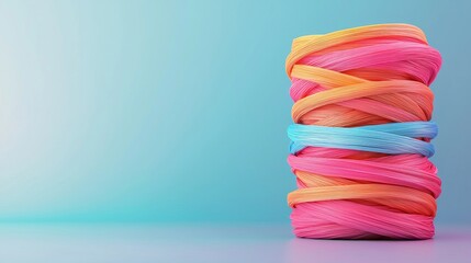 A colorful stack of twisted ropes in vibrant pink, orange, and blue hues against a soft gradient background.