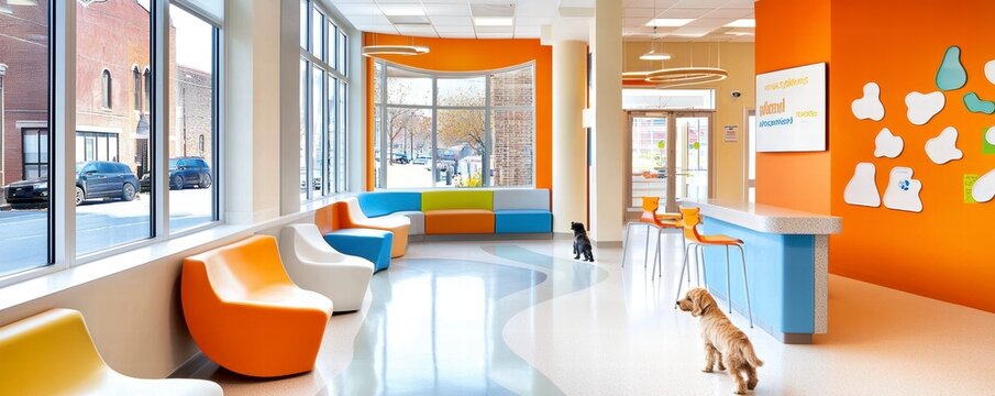 Pet-friendly veterinary clinic urban setting interior design bright environment wide-angle view welcoming concept