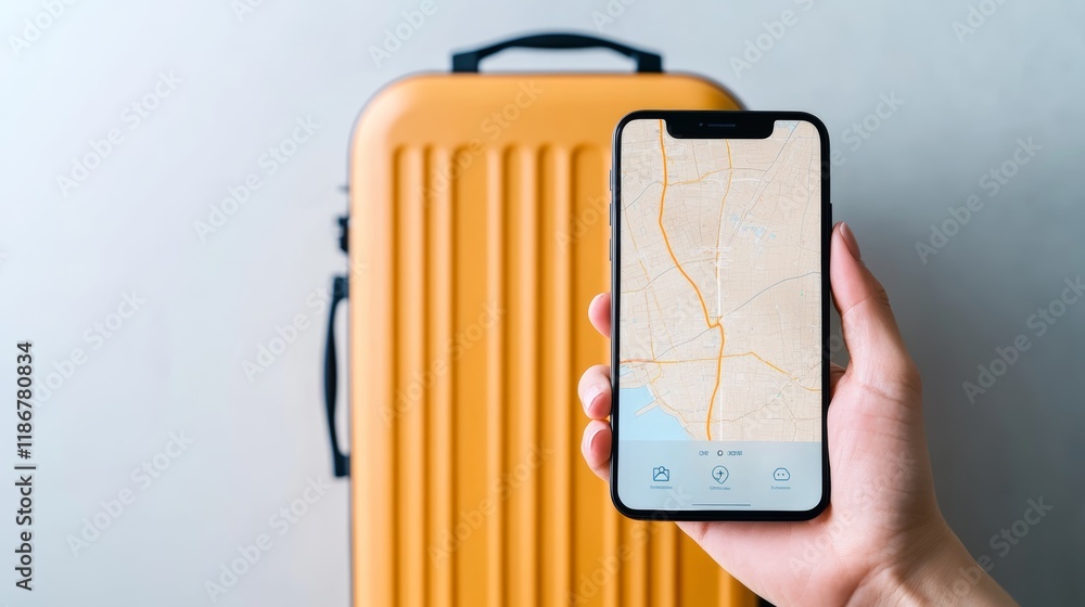 Aufkleber hand holding smartphone displaying navigation map app with yellow suitcase in background, symbolizin