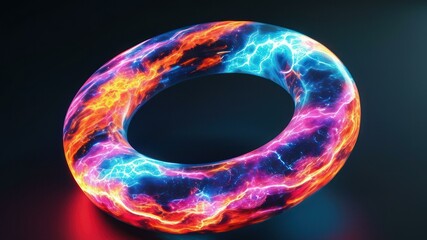 Futuristic torus shape with vibrant colors and electric glow, perfect for abstract designs and technology themed visuals