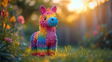 Fototapeta premium Colorful Llama Pi?ata in a Garden Setting