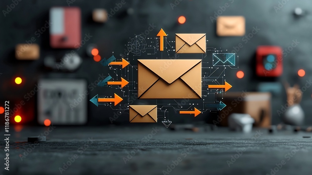 Poster freehand user arrows and mail envelope symbols representing global communication and social network 