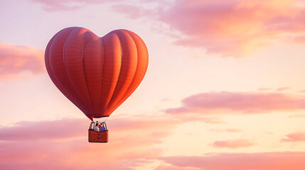 Obraz premium A heart-shaped hot air balloon floating in a serene, pastel-colored sky, with a couple inside the basket enjoying the breathtaking view. 