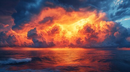 Fiery Sunset Clouds Over a Tranquil Ocean Scene